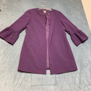Anne Klein Blazer Jacket Women Purple Round Neck Open Front Pocket Ruffle Sleeve